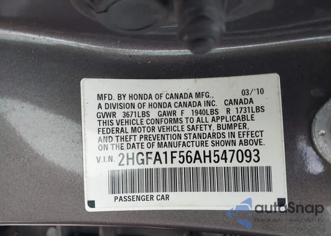 2010 Honda Civic Lx from USA, damaged, VIN 2HGFA1F56AH547093